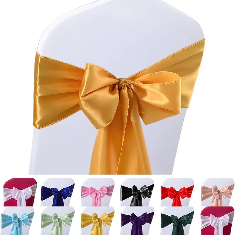 10/50Pcs Gold Satin Chair Sashes Ties Bows 7x108inch for Wedding Party Baby Shower Christmas Banquet Restaurant Hotel Decoration