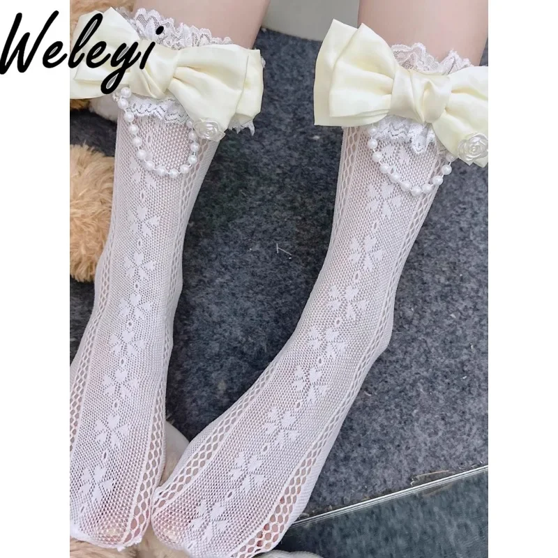 

Lolita Women's Lace Rose Socks Sweet Girl Pearl Chain Lace Bright Silk Bow Porcelain Hollow White Middle Tube Socks Jirai Kei