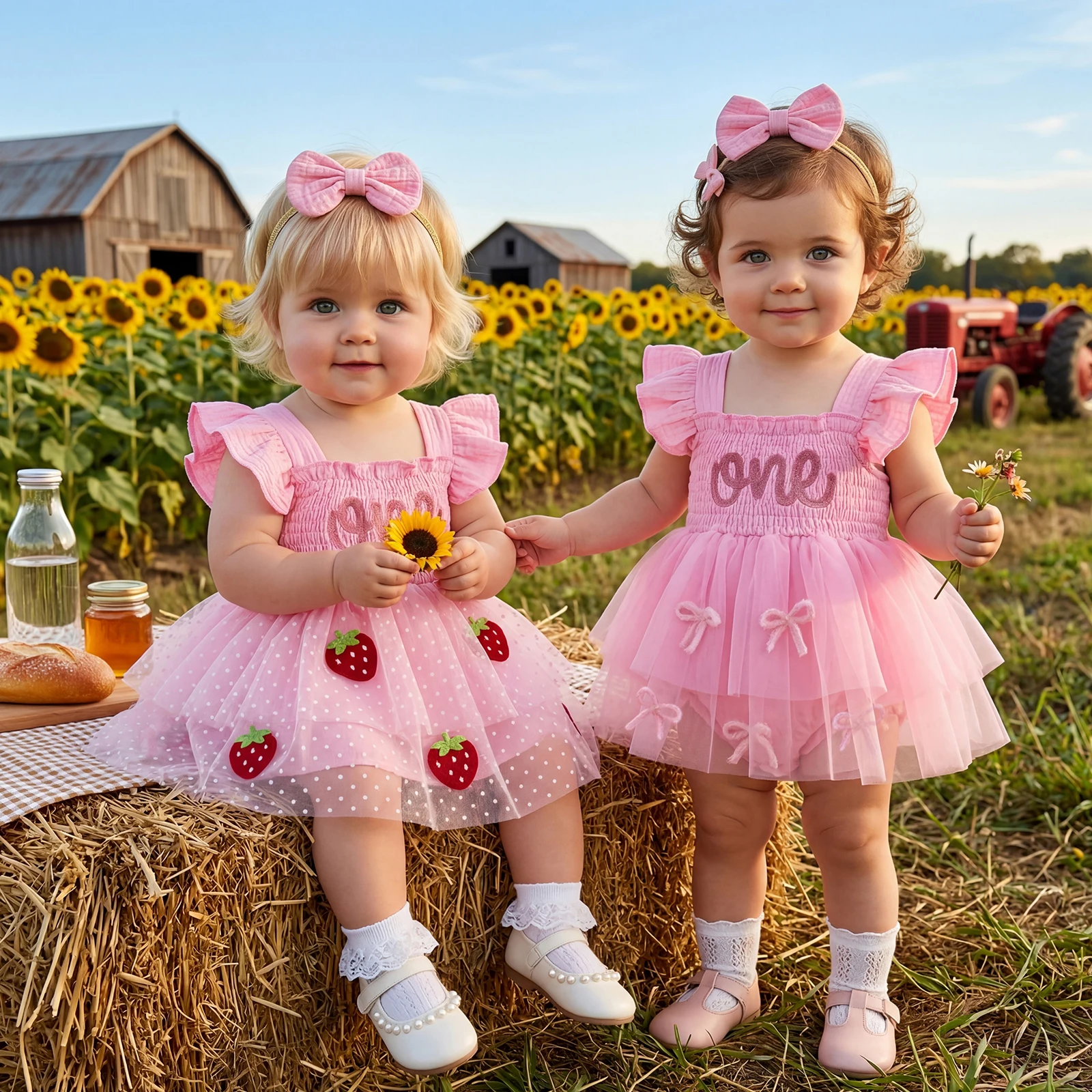 Baby Girls Romper Dress 1st Birthday Outfit Strawberry/Letter Embroidery Ruffled Flying Sleeve Jumpsuit with Bow Headband Set