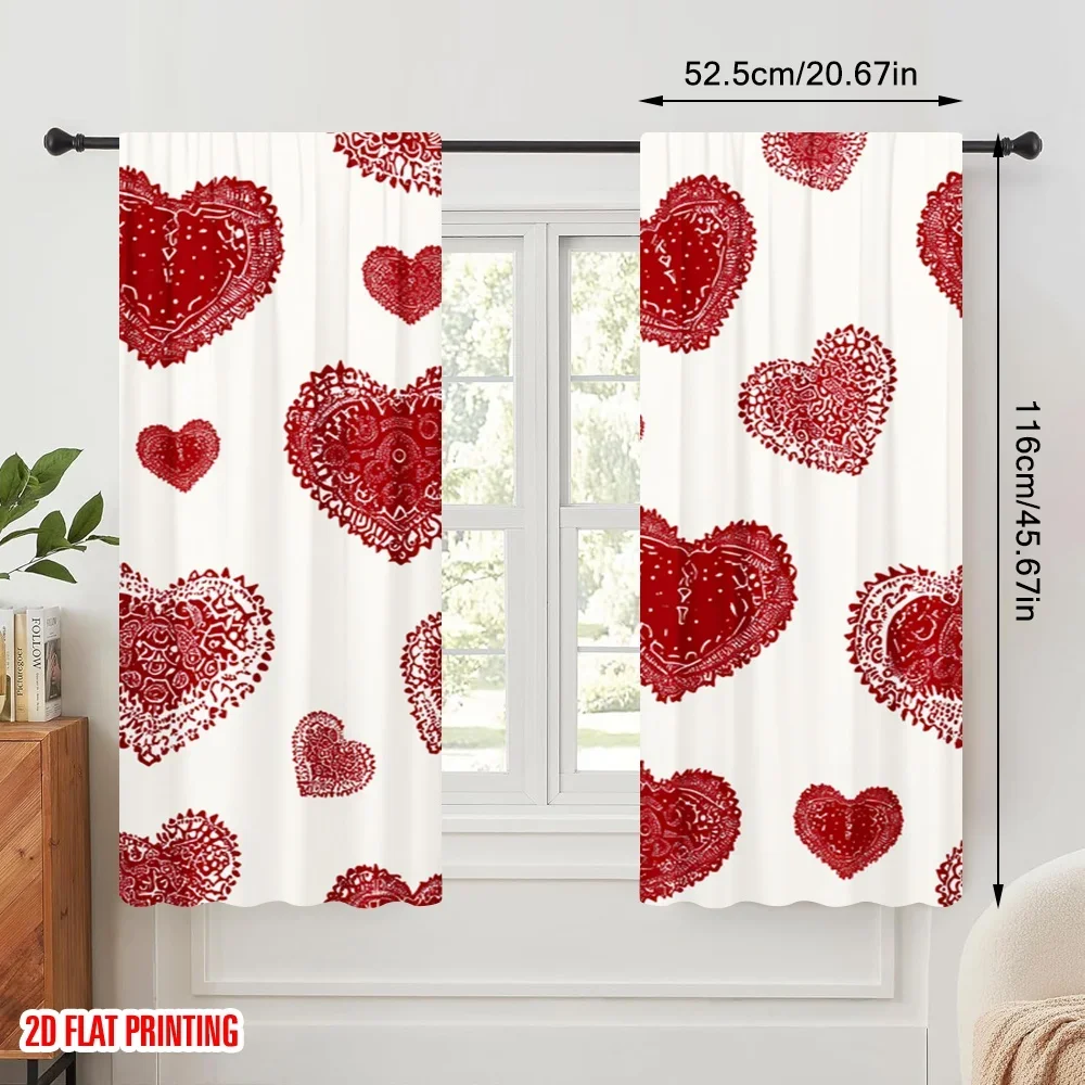 2pcs,2D plane printing Window Curtain Red Hearts and Snowflakes Polyester Fabric (without rod) Decorations For Home Perfect for