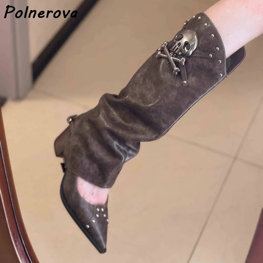 Rivet Metal Decoration Pumps Boots Two Way Wear Hollow Chunky Heels Black Brown Shoes Women's Fashion Leather Retro Sexy Shoes