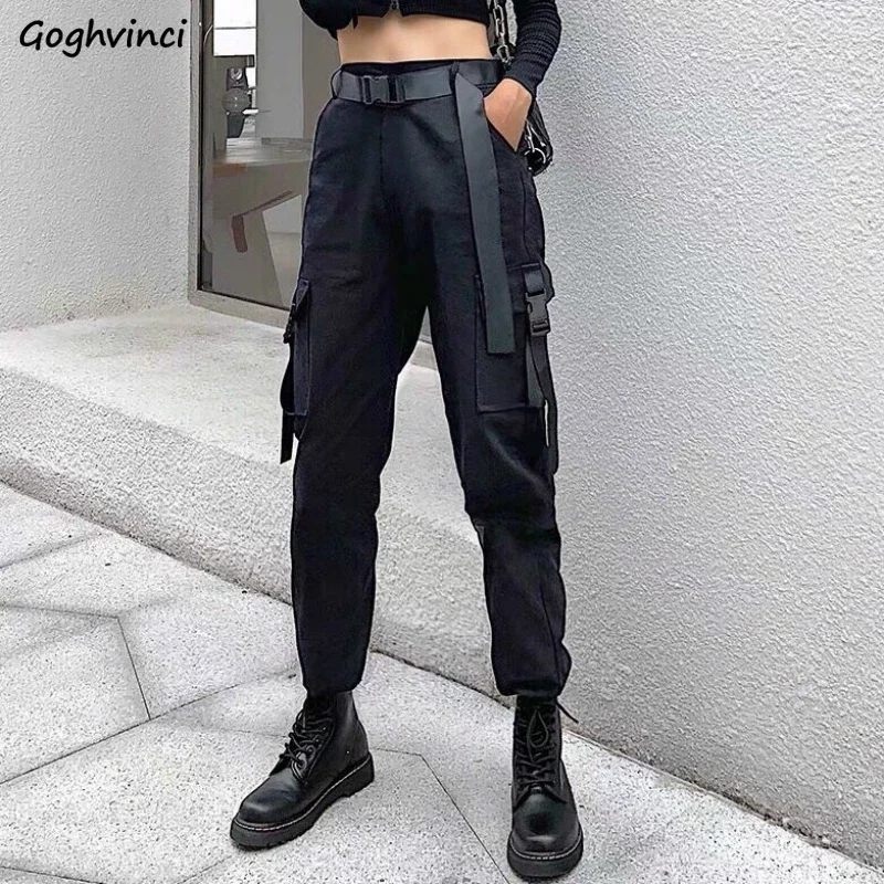 Casual Pants Women Sashes Cargo Safari-style Pockets Unisex BF Loose All-match Ulzzang Streetwear Hip-hop Students Trendy Chic