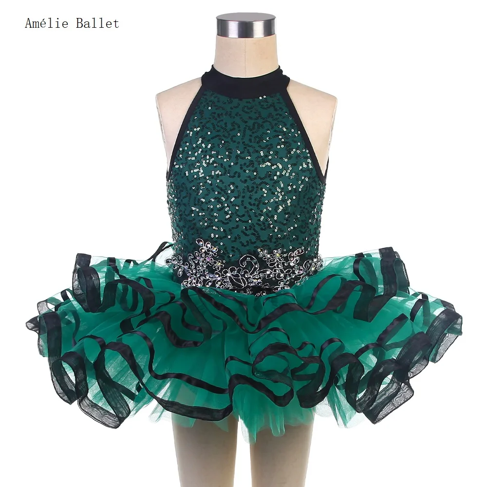 

24009 Kids Dark Green Sequin Ballet Dance Tutu Spandex Bodice with Short Tutu Skirts Girls Stage Performance Ballet Costumes