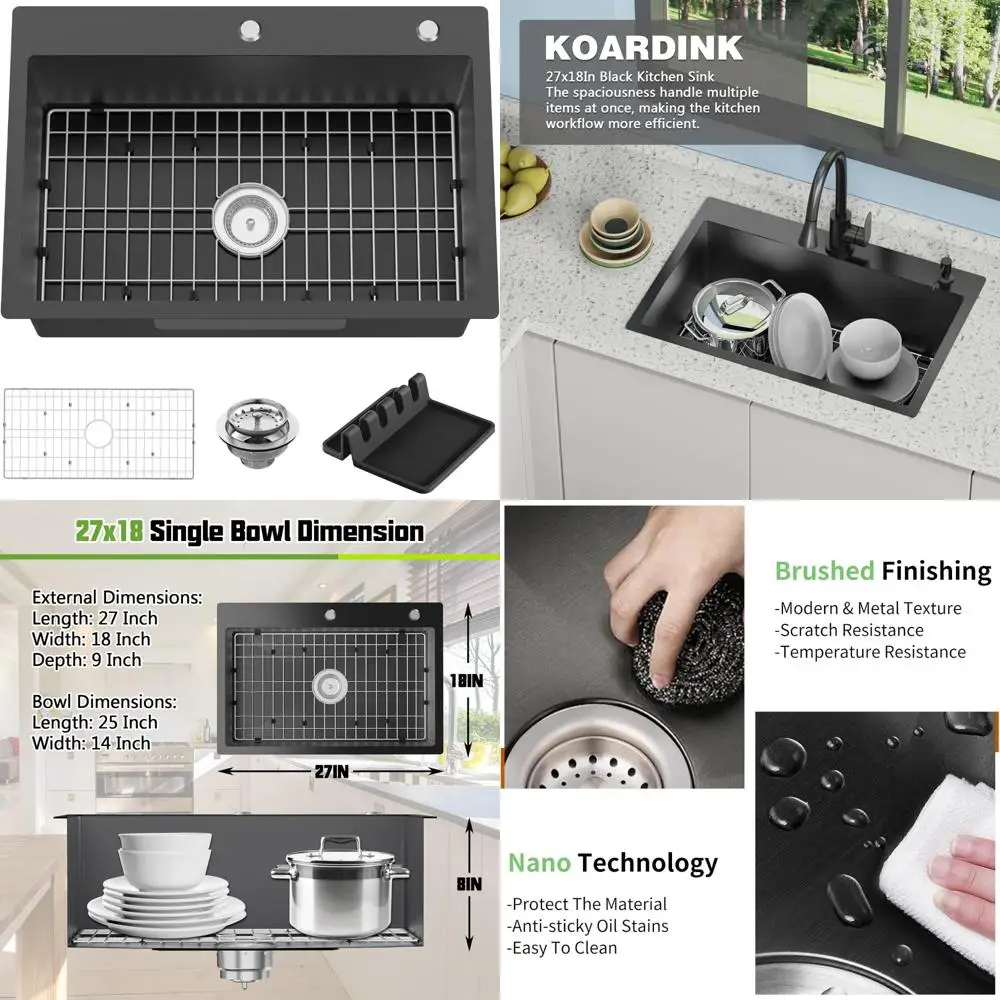 

Stainless Steel 27x18 Inch Modern Single Bowl Kitchen Sink with Drop-In Design, Bar Sink Combo, Grid, and Spoon Rest