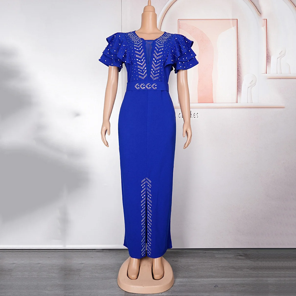 2024 Spring Fashion Woman Elegant Dress Solid V Neck Ruffles Sleeve Beaded Diamond Sheath Front Split Floor Length Luxury Dress