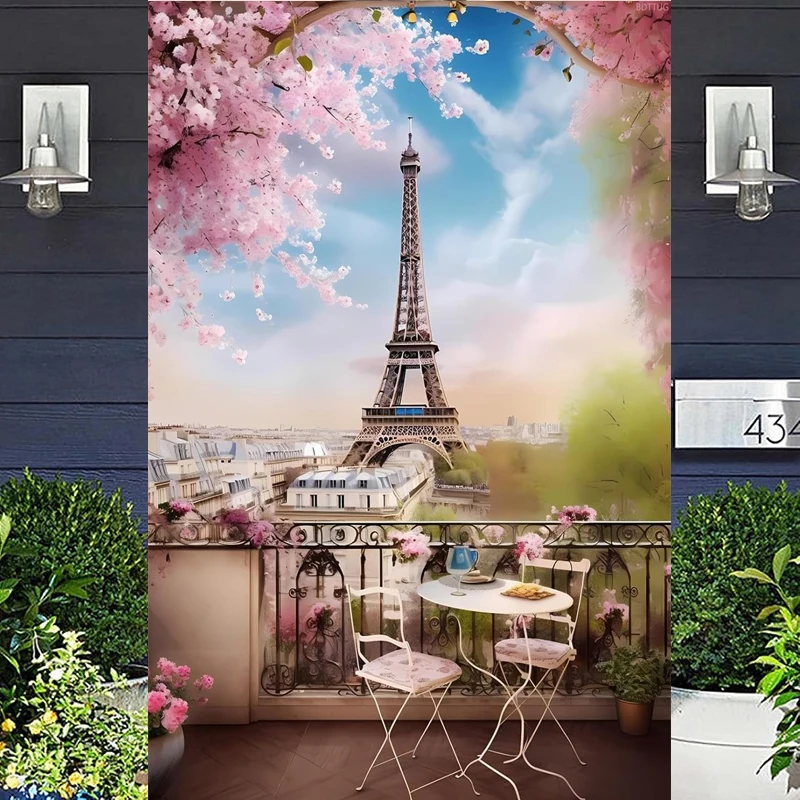 การถ่ายภาพฉากหลังแฟนตาซีสีน้ําภาพวาด Blossoms ดอกไม้สีชมพู Paris EIFFEL Tower สําหรับตกแต่งห้องนอนพื้นหลัง