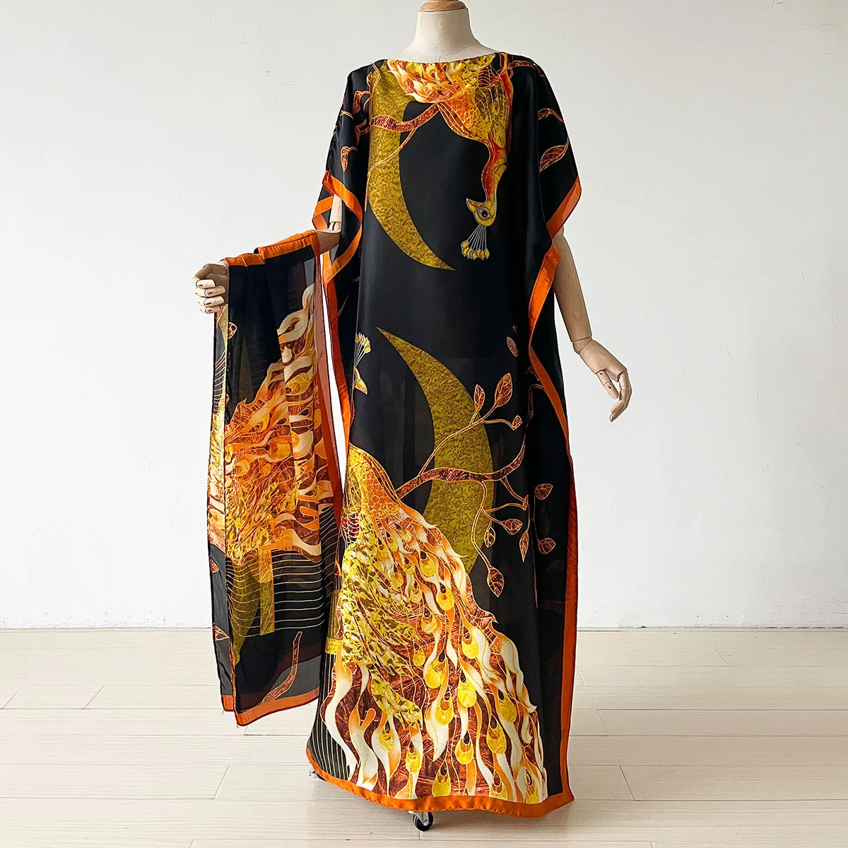 Women Summer Dress Chinese-style Printed Silk Scarf Women Outerwear Beach Vacation Sun-protective Shawl Cape Robe Turban Suit