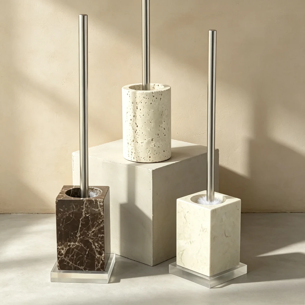 Luxury 100% Natural Marble Toilet Brush with Base for Bathroom