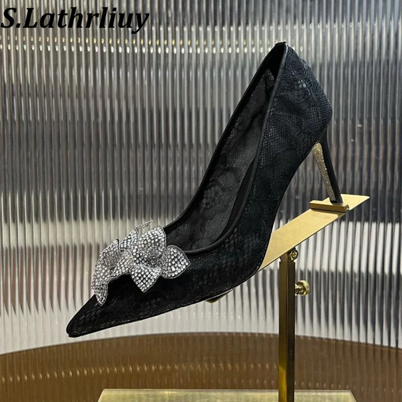 

2025 New Spring Autumn Water Diamond Women's Pumps Pointed Toe Lace Single Shoes Banquet Bridesmaid Shoes Fashion Elegant Shoes