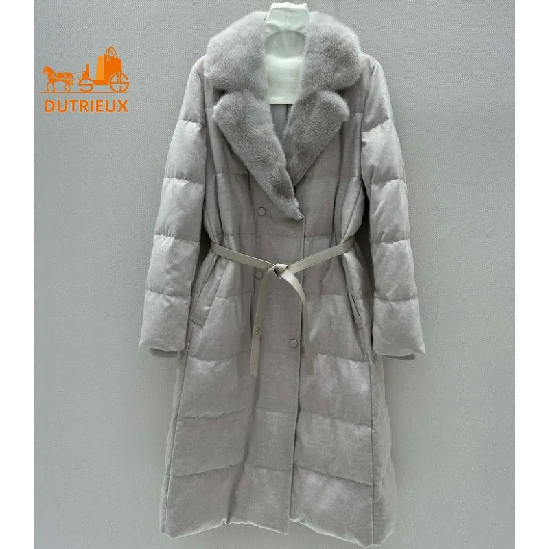 Novo inverno para baixo jaqueta para mulher luxuoso elegante lapela longa 15% caxemira 85% casaco de lã 90 branco ganso para baixo jaqueta gola de pele de vison