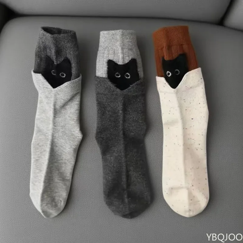 3 pairs Autumn winter color blocking cartoon mid tube socks fashionable versatile cute women's socks comfortable women's socks