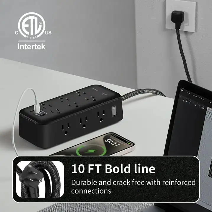 Hyper Tough 12 Space Saving Outlet with 3-USB 2A+1C Fast Charger Surge Protector 2440J