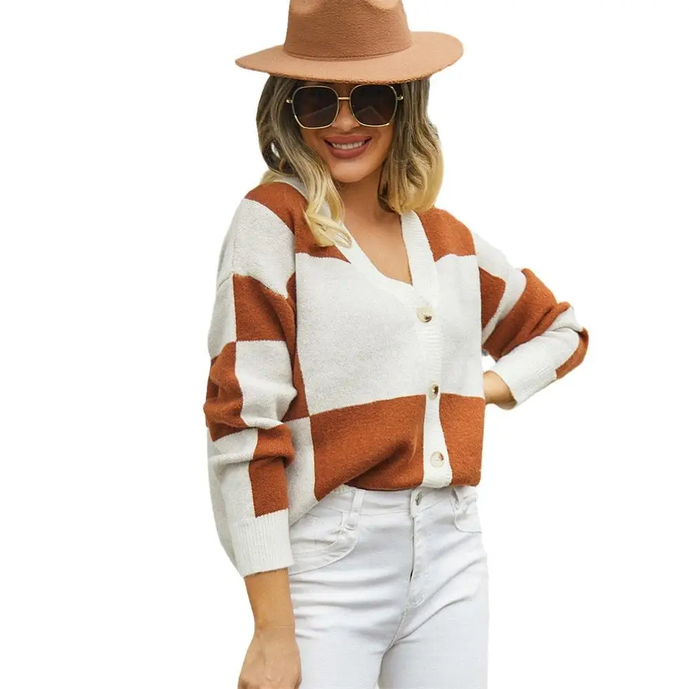 Spring 2023 Women's Knitted Cardigan Sweater Plaid Patchwork Long Sve Outerwear Cross-Border Faion Ladies' Premium Knitwear