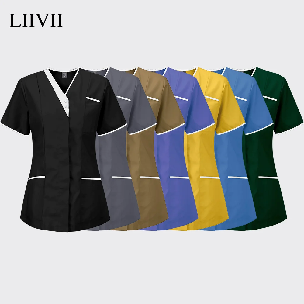 Women Medical Scrubs Nurses Short Sleeve T-shirt Joggers Blouse Lab Workwear Tops Plus Size Sexy Nursing Uniform