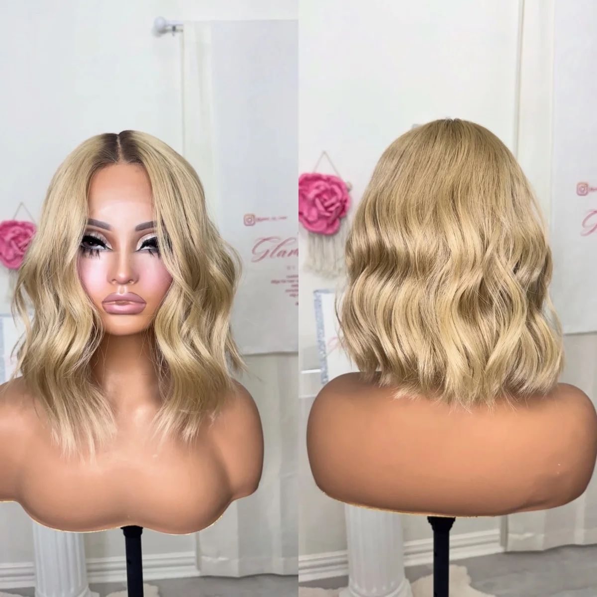 

Bob Warm Golden Blonde Shadow Roots Shoulder Body Wave Wigs Top Sale Realistic Look Natural Hairline Synthetic Lace Top Wigs