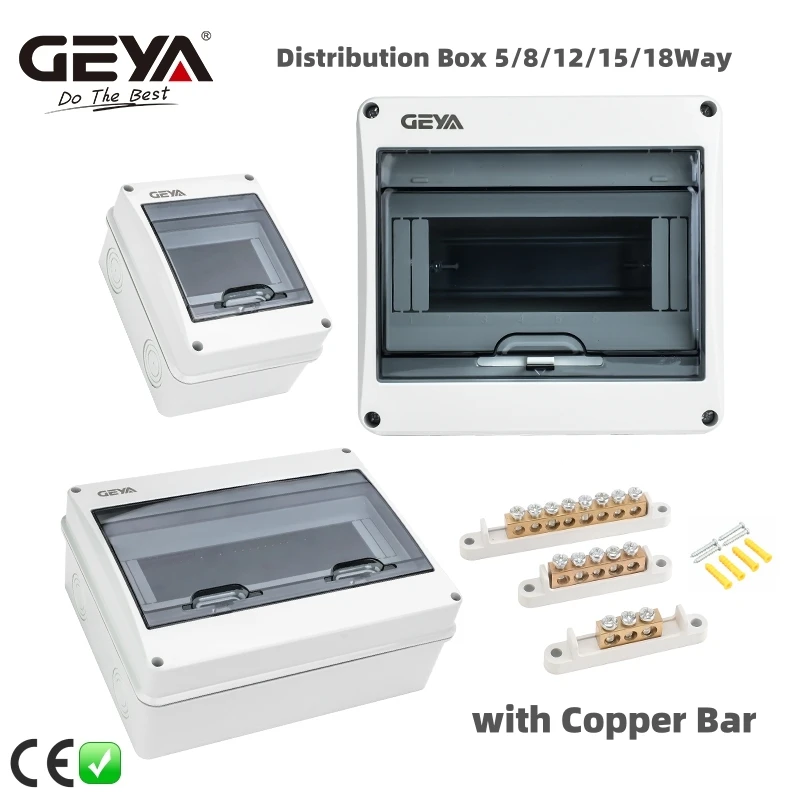 GEYA 5/8Ways Waterproof Electrical Distribution Box with Copper Bar Circuit Breaker MCB Power Plastic Junction Wire Box