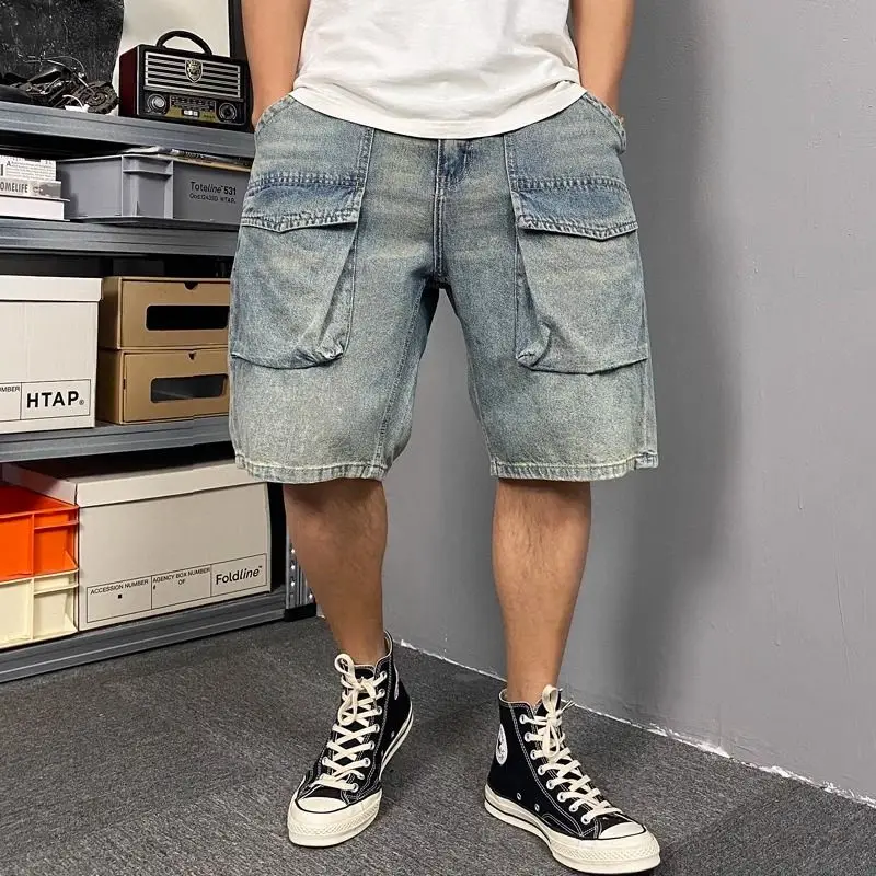 High-end 2025 Big Pocket Tooling Denim Shorts Men's Trendy Brand Loose Straight Short Cargo Pants Men's Summer New Medium Pants