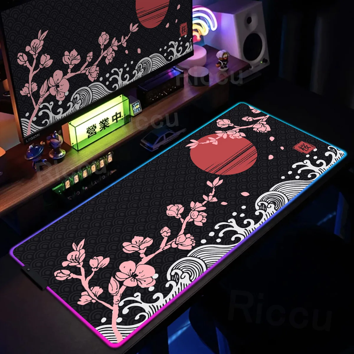 Grand tapis de souris Sakura RGB, accessoires de jeu Kawaii, lumière LED rose, tapis de clavier média, Deskvirus d'ordinateur, sous-souris en caoutchouc rétro4.2