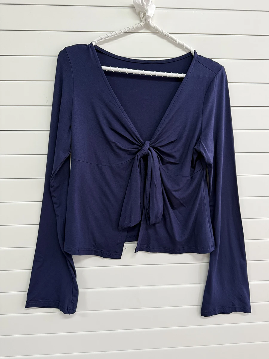 Navy Tie-Strap Design Bowknot Smock Tops Women Simple Slim Fit Thin Smock Long Sleeve Tees Sweet Chic Tshirt Babydoll T-Shirts