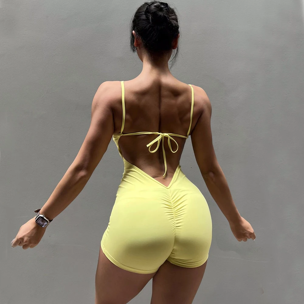 2024 Nylon Pad Lace Women Yoga Set Backless One Piece Jumpsuit Workout Scrunch Shorts Bodysuit Gym Bodycon Sport Fitness Romper