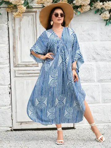 2024 New Handmade Knitted Beach Cover Up Dress, Positioning Print Plus Size Vacation Beach Dress