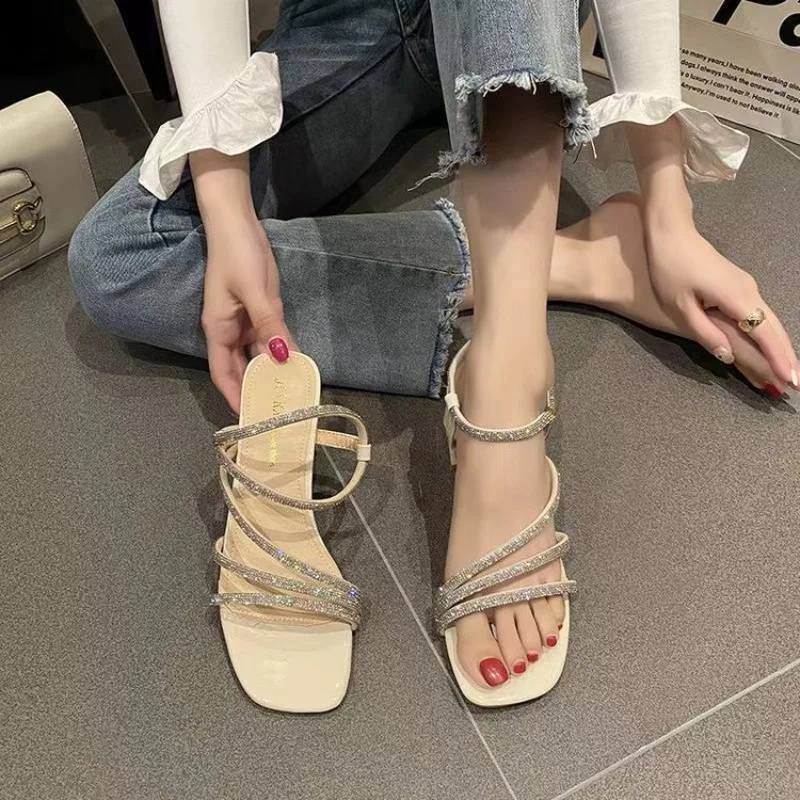 Fairy Style Rhinestone Thick Heel Sandals Women's Summer Versatile Square Head Skirt One Strap Two Wear Slip-On Shoes view 3