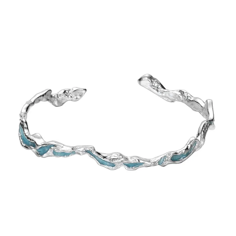 

Mint Blue Cool Style Texture S925 Sterling Silver Bracelet Dropping Glue Handpiece Women's Advanced Fashion Jewelry