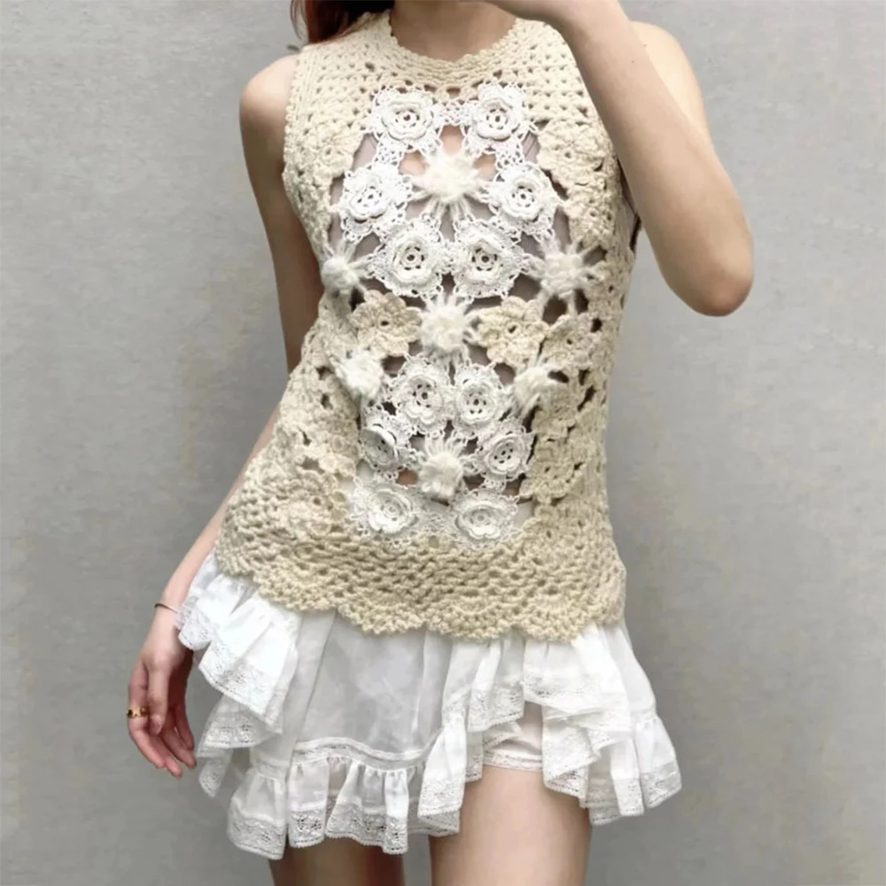 

Women's Mohair Wool Blend Crochet Vest Sleeveless Hollow Out Floral Applique Knit Top Boho Summer Tank Spring 2026 New Y2k