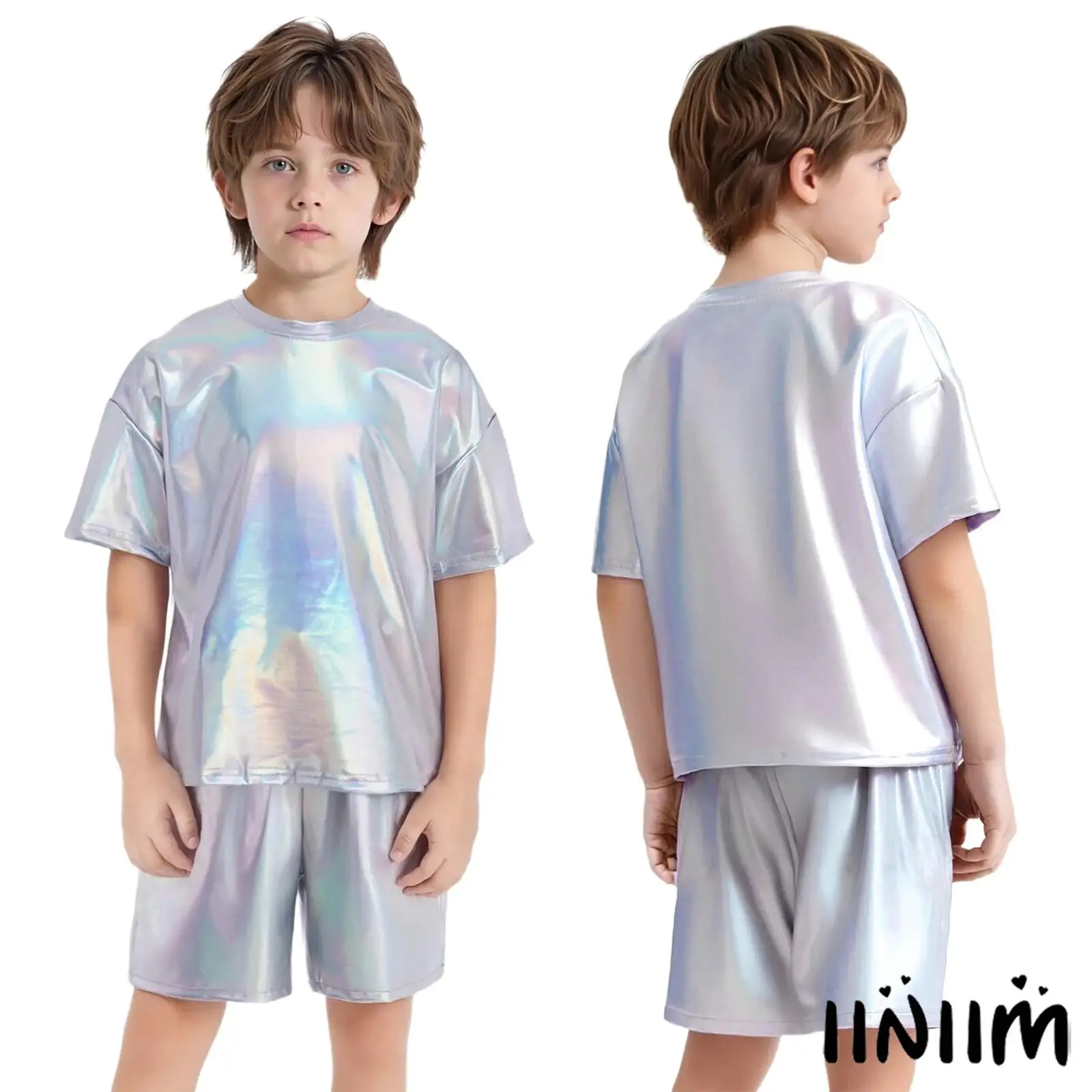 

Child Boys Girls Hip-Hop Street Dance Costume Jazz Dance Metallic Outfit Suit Round Neck Short Sleeve T-shirt with Shorts/Skirt