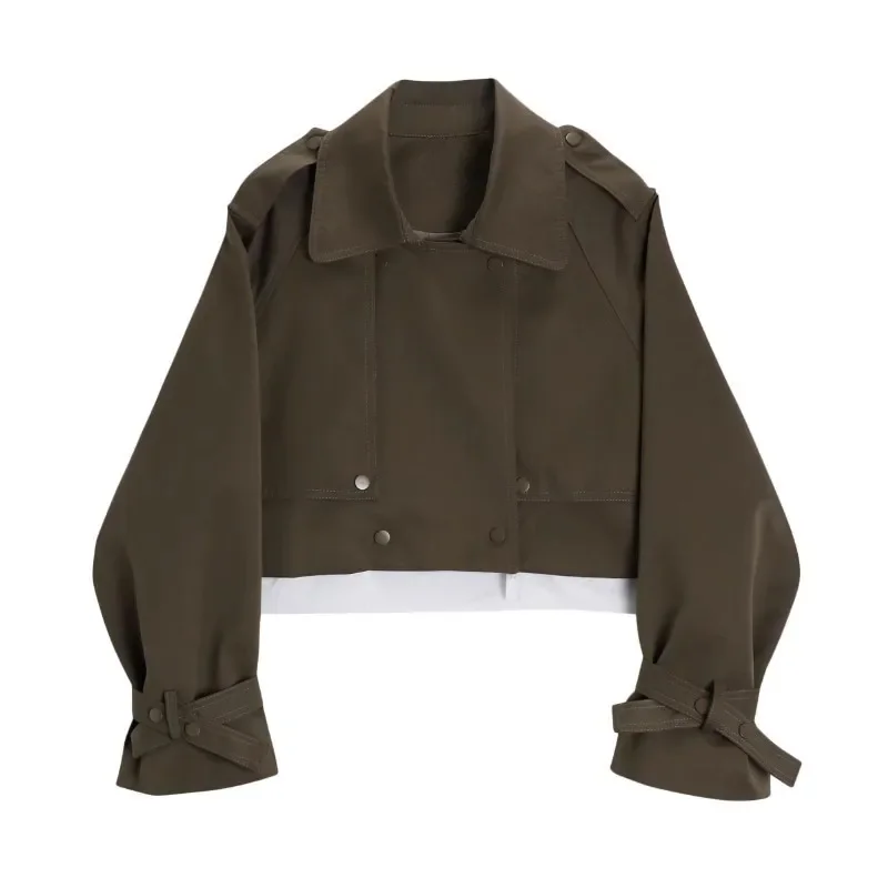 

Korean Patchwork Contrast Color Hem Windbreaker Casual Lapel Long Sleeve Spring Autumn New Women Coffee Color Short Trench Coat