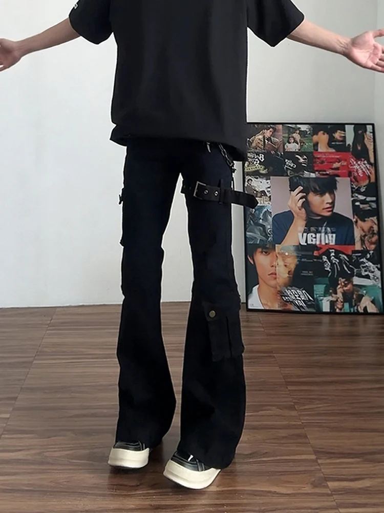 

American Vibe High Street Black Bow Tie Jeans Men's Slim Wide Leg Micro Flared Workwear Pants High-End Slimming Long Trousers