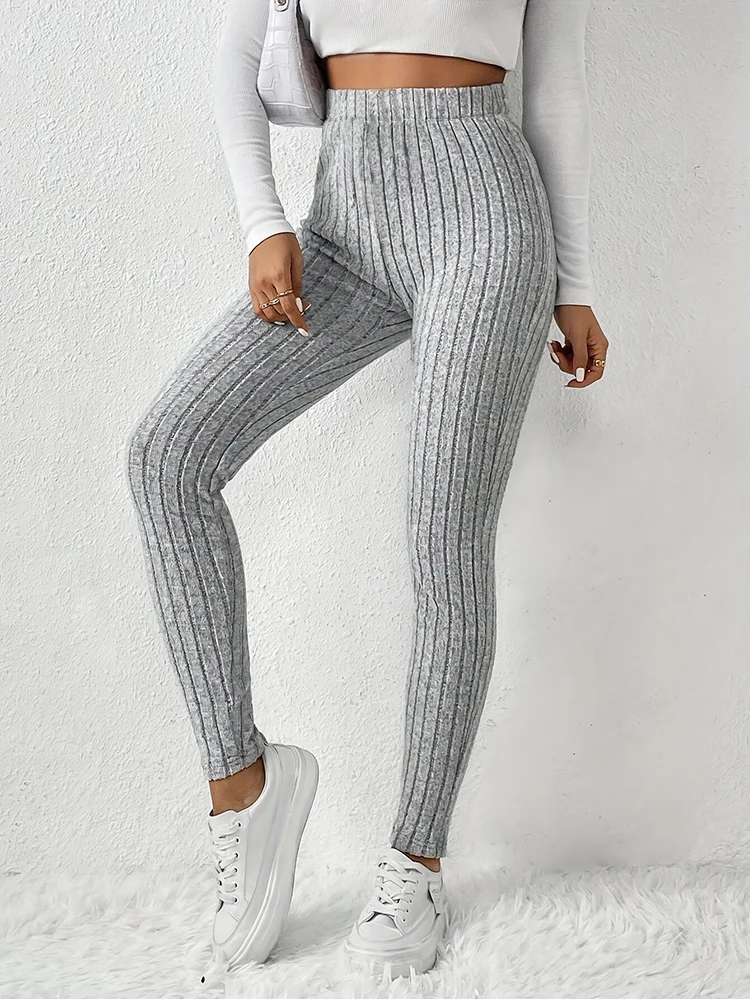 EVNISI Fall Solid Stripe Casual Yoga Knit Pants Women Seamless High Waist Leggings Pants Streetwear Stretch Trousers plus size