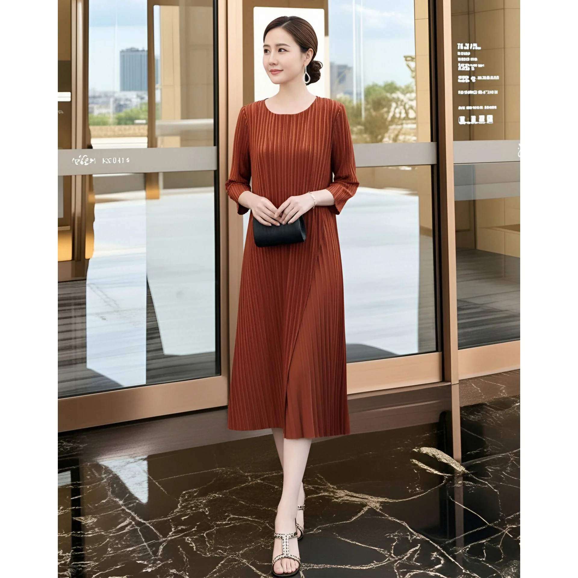 Miyake-vestido Irregular para mujer, Color sólido, elegante, cuello redondo, mangas tres cuartos, cintura suelta, falda acampanada de longitud media