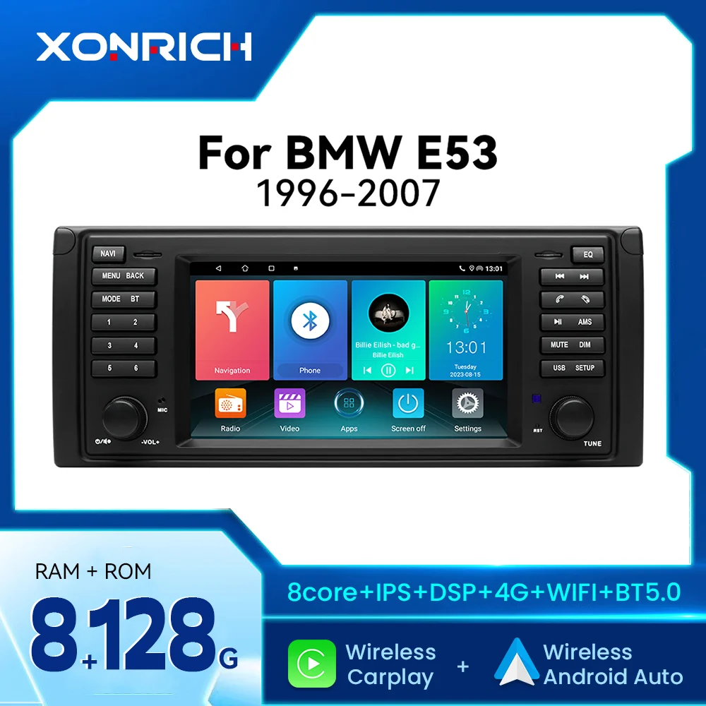 Kabelloses CarPlay Android Auto Android 14 Autoradio für BMW 5er E39 X5 E53 M5 1996-2003 GPS 4G WiFi Multimedia