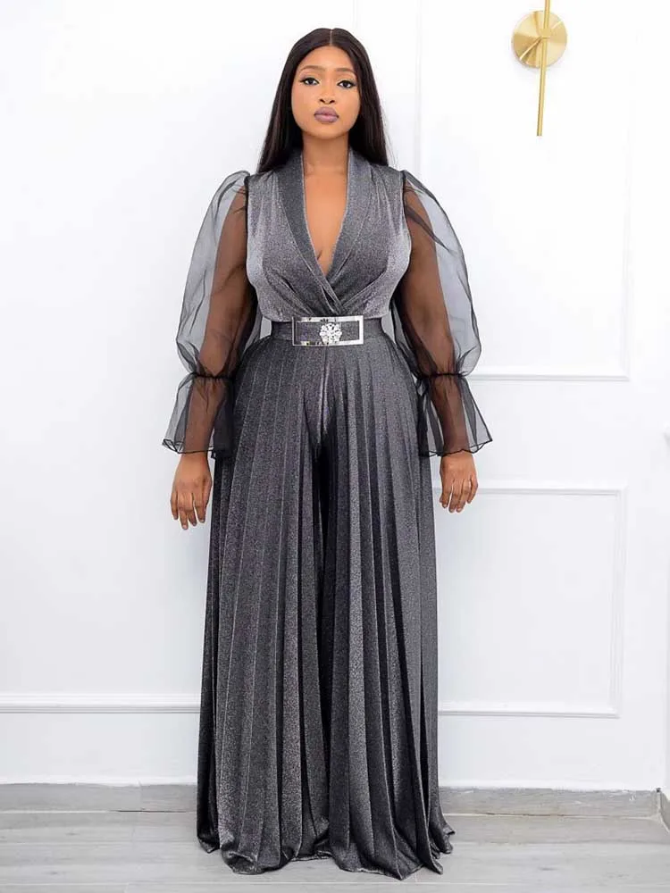 Womens Jumpsuit See Through Sleeve Long Autumn Evening Jumpsuit for Women Elegant Party High Waist Wide Leg Pleated Jumpsuit