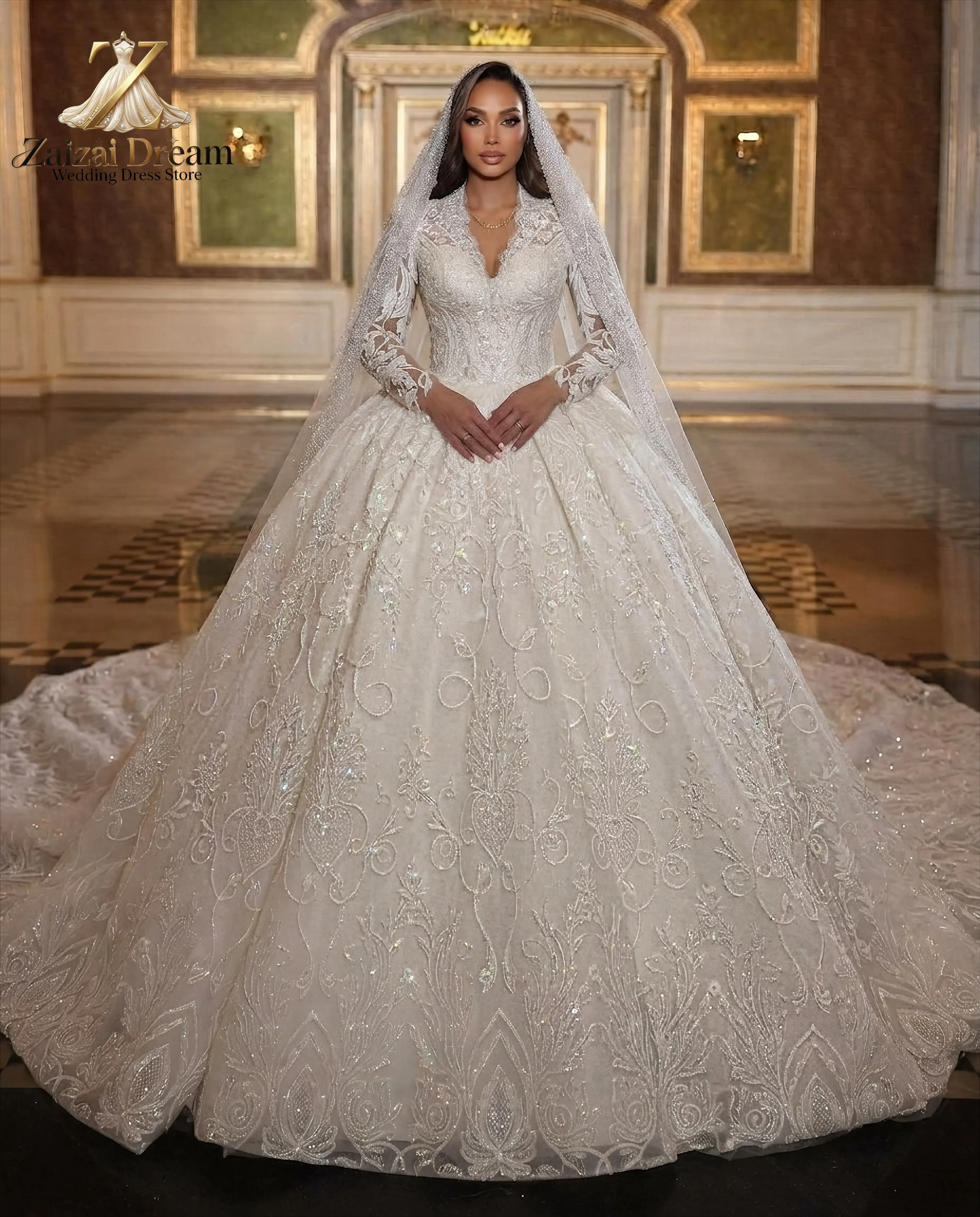 Customized Luxury Crystal Wedding Dress Long Sleeve Lace Ball Gown Princess Bridal Gown With Cathedral Train Vestido De Novia