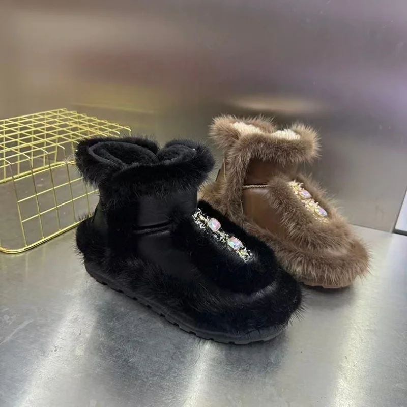 Handgefertigte, maßgeschneiderte, mit Diamanten besetzte Fell-Schneestiefel, große, bequeme, verdickte Damen-Baumwollschuhe 35–40