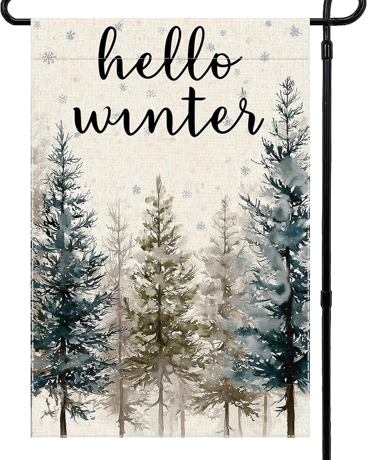 Hello Winter Garden Flag Forest Trees Welcome Small Flags for Outside, 12x18 Inch Christmas Double Sided Burlap Banner Holid PPM