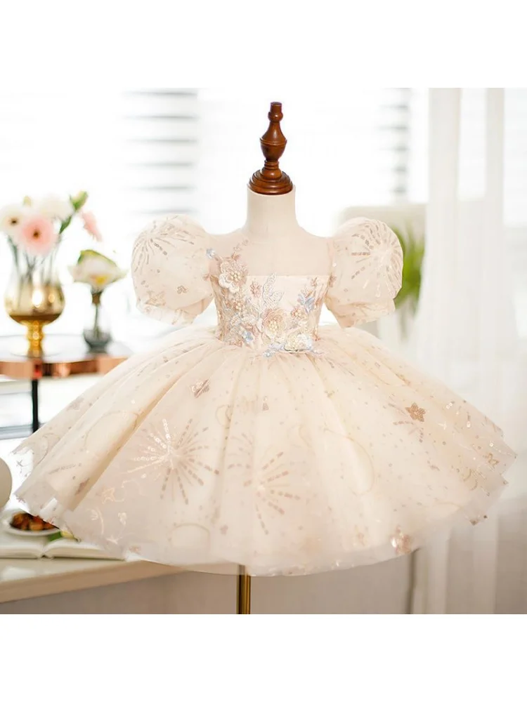 Champagner Super Fee Kinder volles Kleid-jähriges Baby Mädchen GeburtstagspartyBlumenmädchen Prinzessin Kleid Kostüm für Klavier durchführen