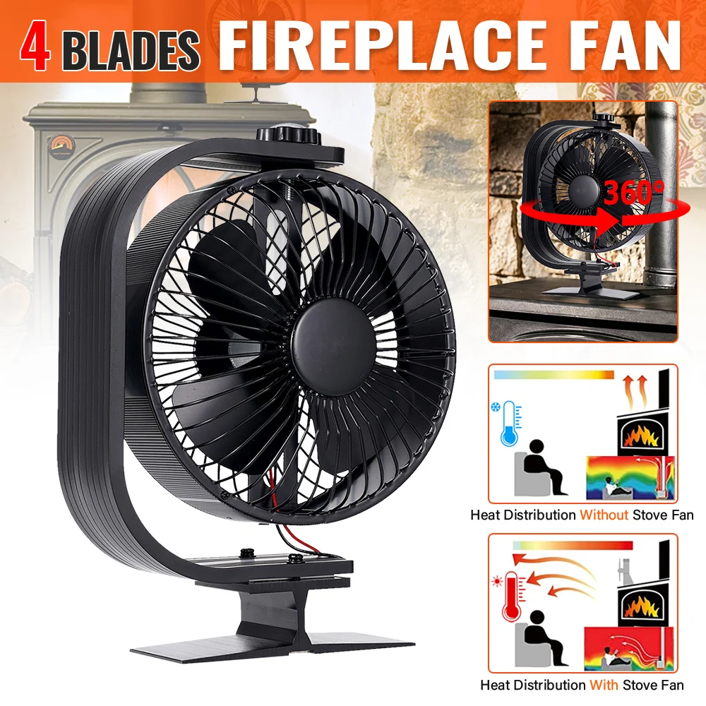 360° Fireplace Fan Rotation 4-Blade With Protective Cover Log Burner Eco-Friendly Quiet  Fan For Home Winter Outdoor Camping