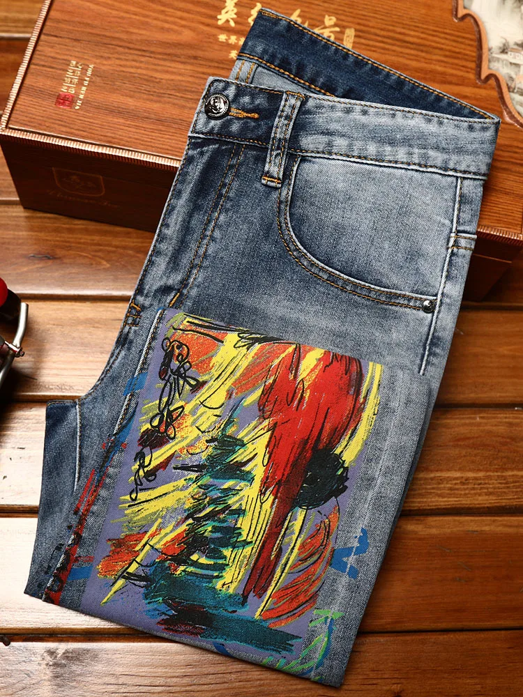 Graffiti Printing Jeans Men's Fashion Summer Thin Street Slim Fit Skinny Fashion Elastic Personalized Denim Trousers