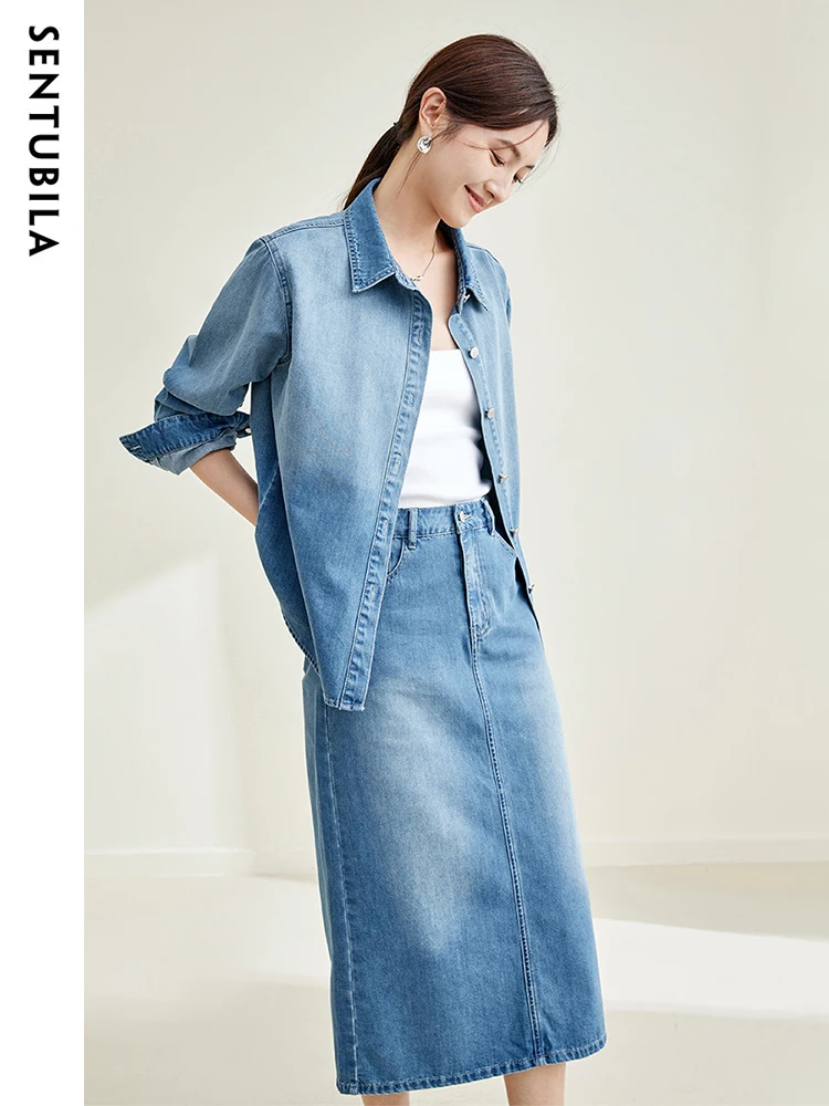 SENTUBILA Denim Skirt Two Piece Sets for Women 2024 Autuman Outfits New in Matching Sets Long Sleeve Denim Shirt Midi Skirt