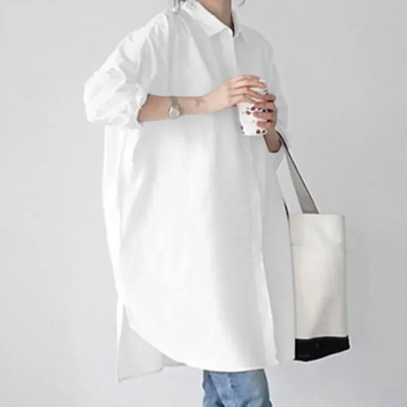 2024 New Autumn Spring Long Sleeve Shirt Casual Loose Long Shirt Women Tops Fashion Cotton Irregular Solid White Clothes 24161