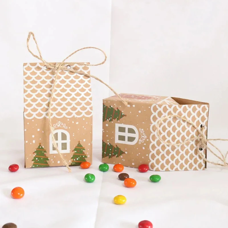 Cajas de regalo de dulces de papel Kraft de Navidad con cuerda, bolsa de papel de regalo para galletas, bolsas de recuerdo de fiesta de casa de dibujos animados, suministros de decoración para fiesta de Navidad
