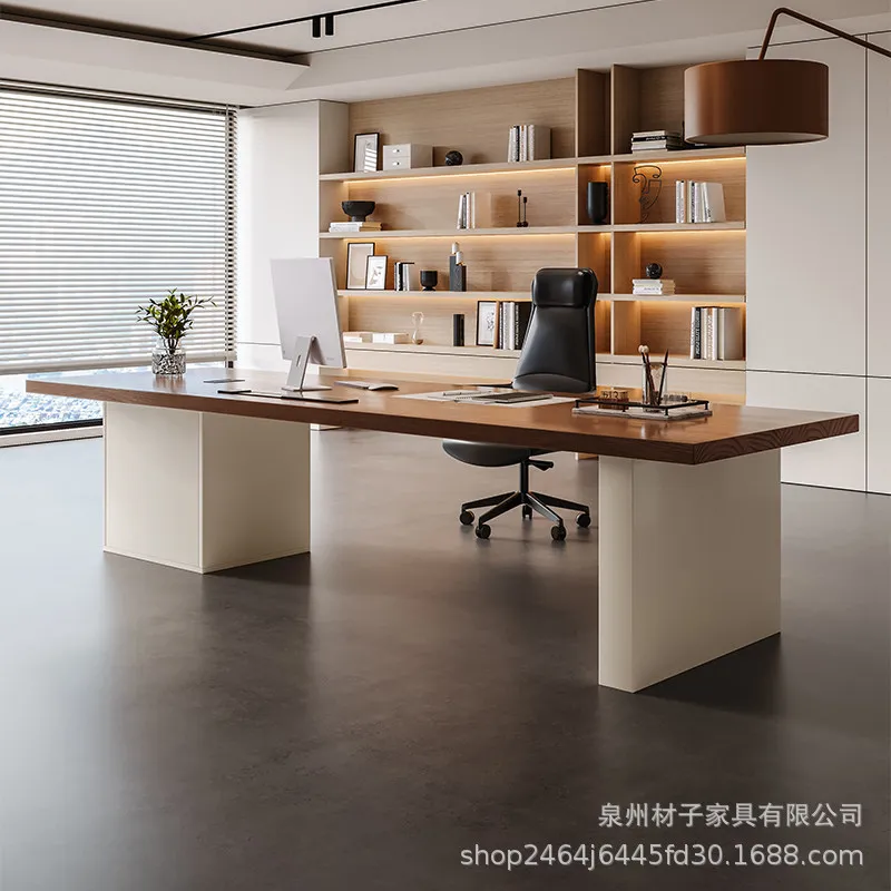 HYS solid wood desk with socket high-end log large board desk office boss study computer desk workbench