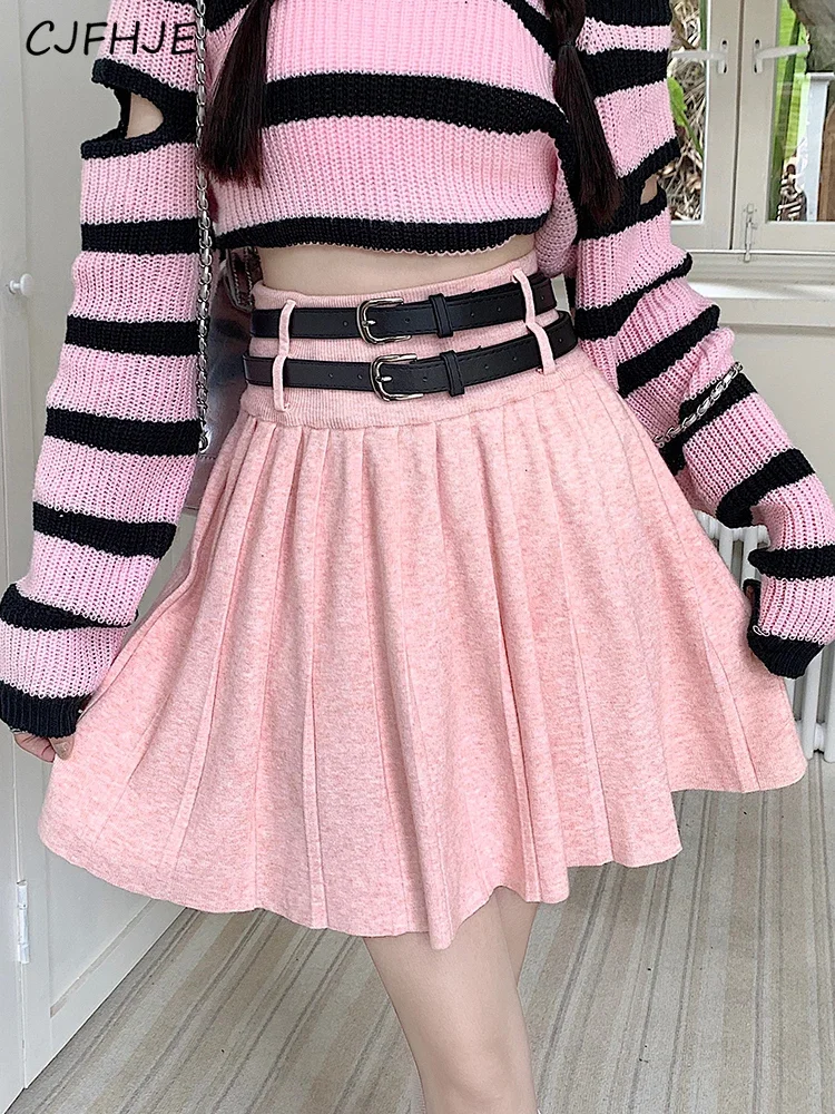 CJFHJE Pink Double Belt Knitted Pleated Mini Skirts High Waist Loose Casual A-Line Khaki Skirts Solid Color Korean Fashion Skirt