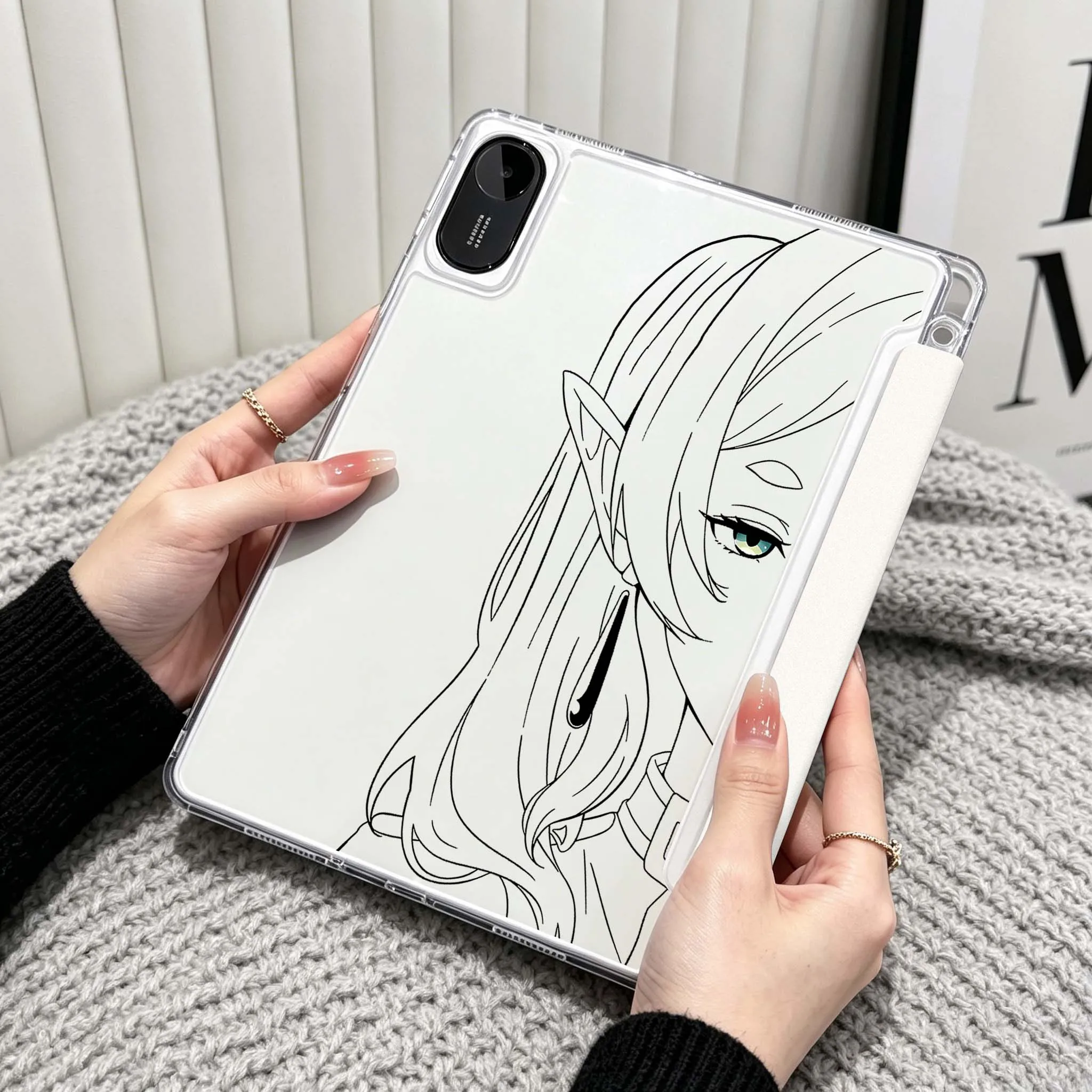 Anime Girl Black Outfit For Xiaomi Redmi Poco Pad 5 6 7 8 Pro SE 11 11.2 12.1 Inch Transparent Y-Shaped Folding Tablet Case