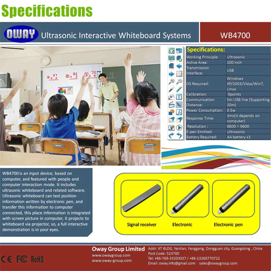 Oway Wireless Smart Electronic Board Portable Interactive Boards Ultrasonic Pen Touch for Education Training Office