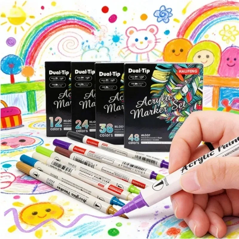 12/24/36/48/60 Color Double-headed Acrylic Marker Water-based Soft-head Stackable Watercolor Pen for Children's Painting