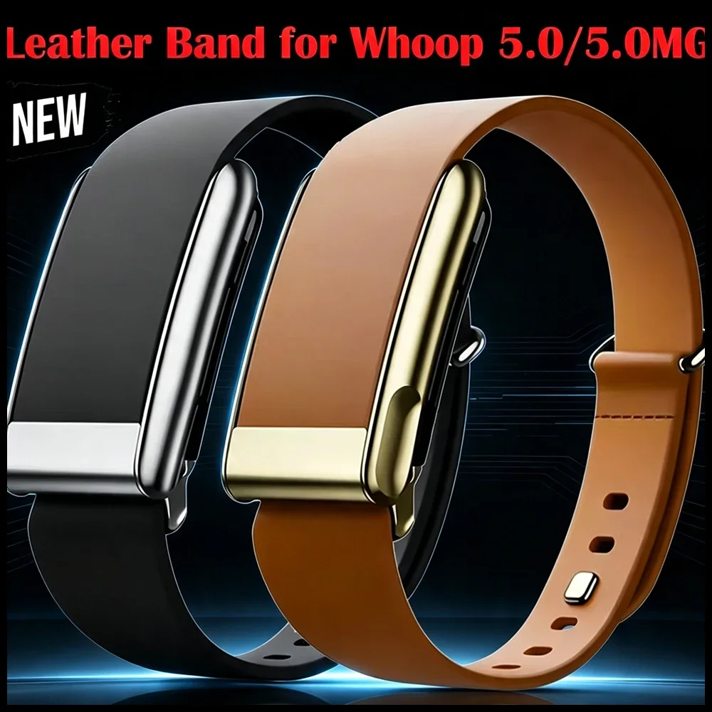Luxury Top-Layer Cowhide Leather Wristband Compatible With WHOOP 5.0/5.0 MG Fitness Tracker Polished Silver U-Shape Metal Buckle
